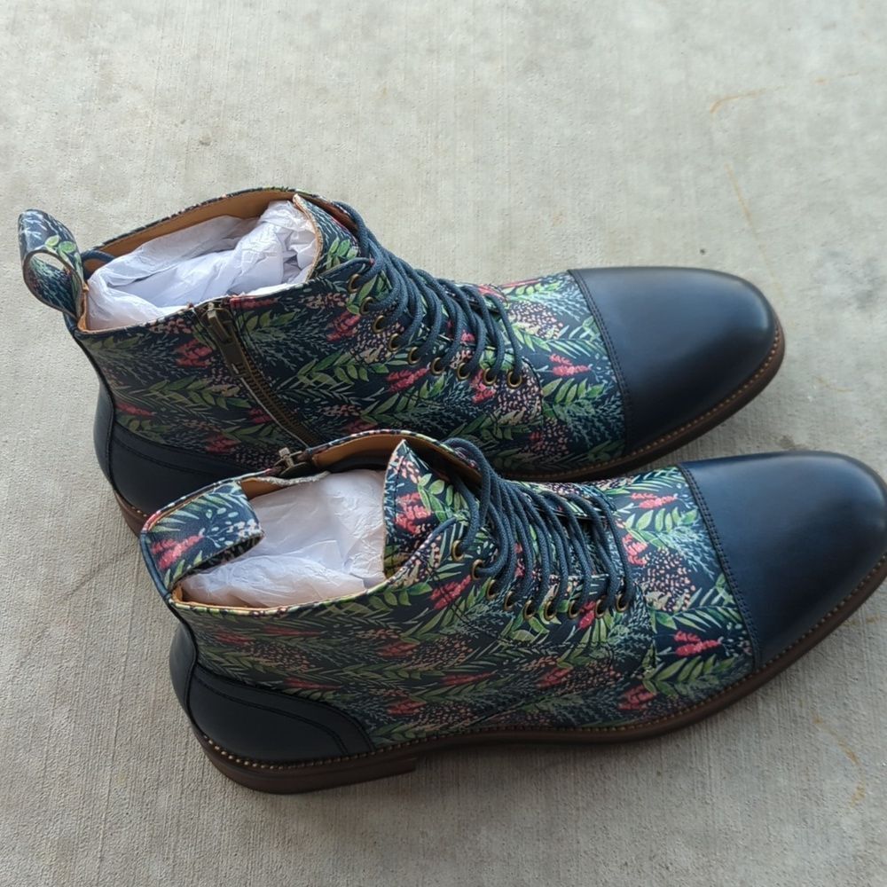 Thatcher Finch Men's Blue Floral Patterned Luxury Derby Dress Boots Size 11 - Picture 6 of 9